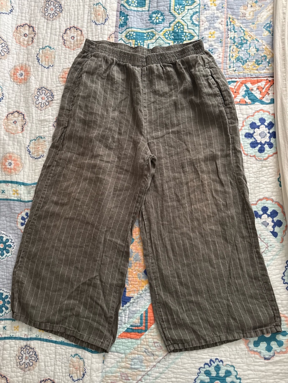 Lisa Bayne Large 100% Linen Wide Leg Crop Pants Striped Lagenlook Boho Beach